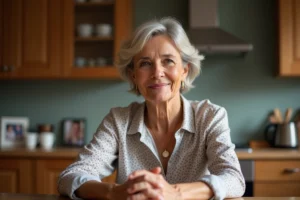 Femme d'âge moyen souriante dans un intérieur chaleureux