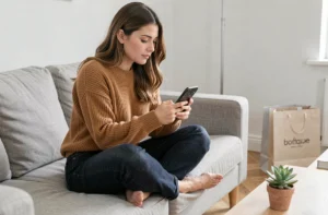 Femme parcourant une application de mode sur son smartphone, assise sur un canapé en lin dans un intérieur scandinave épuré