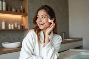 Jeune femme appliquant une creme visage dans sa salle de bain