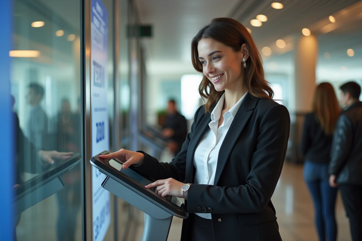 Femme en costume utilise un terminal dans un lobby professionnel