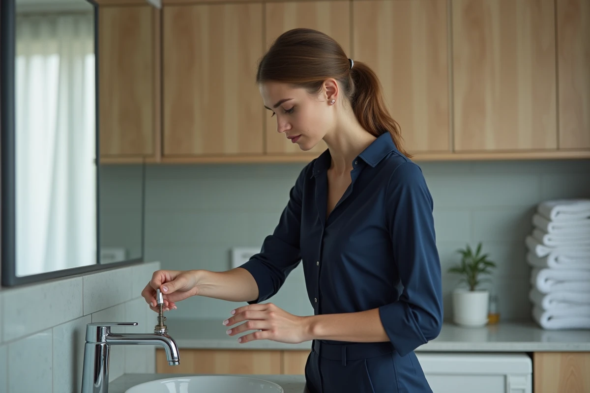 Jeune femme examine siphon dans salle de bain moderne