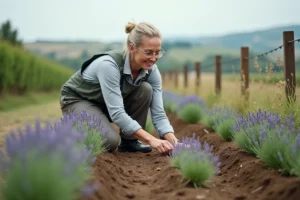 Femme en extérieur près de lavande en pleine croissance