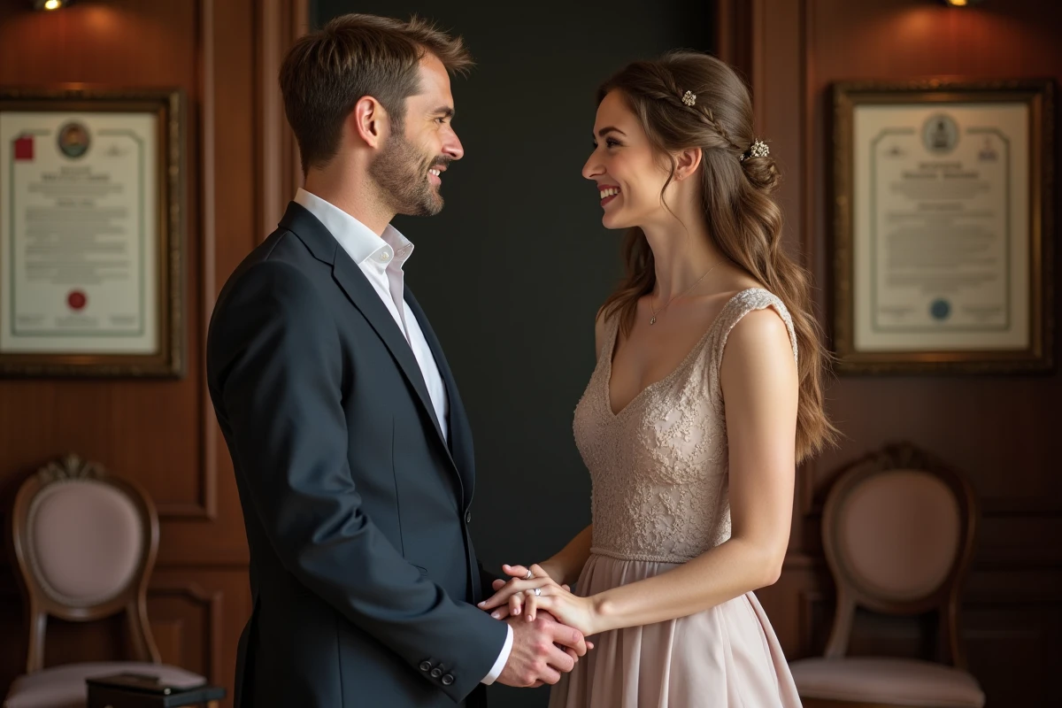 Frère et sœur adultes en tenue formelle échangeant un sourire