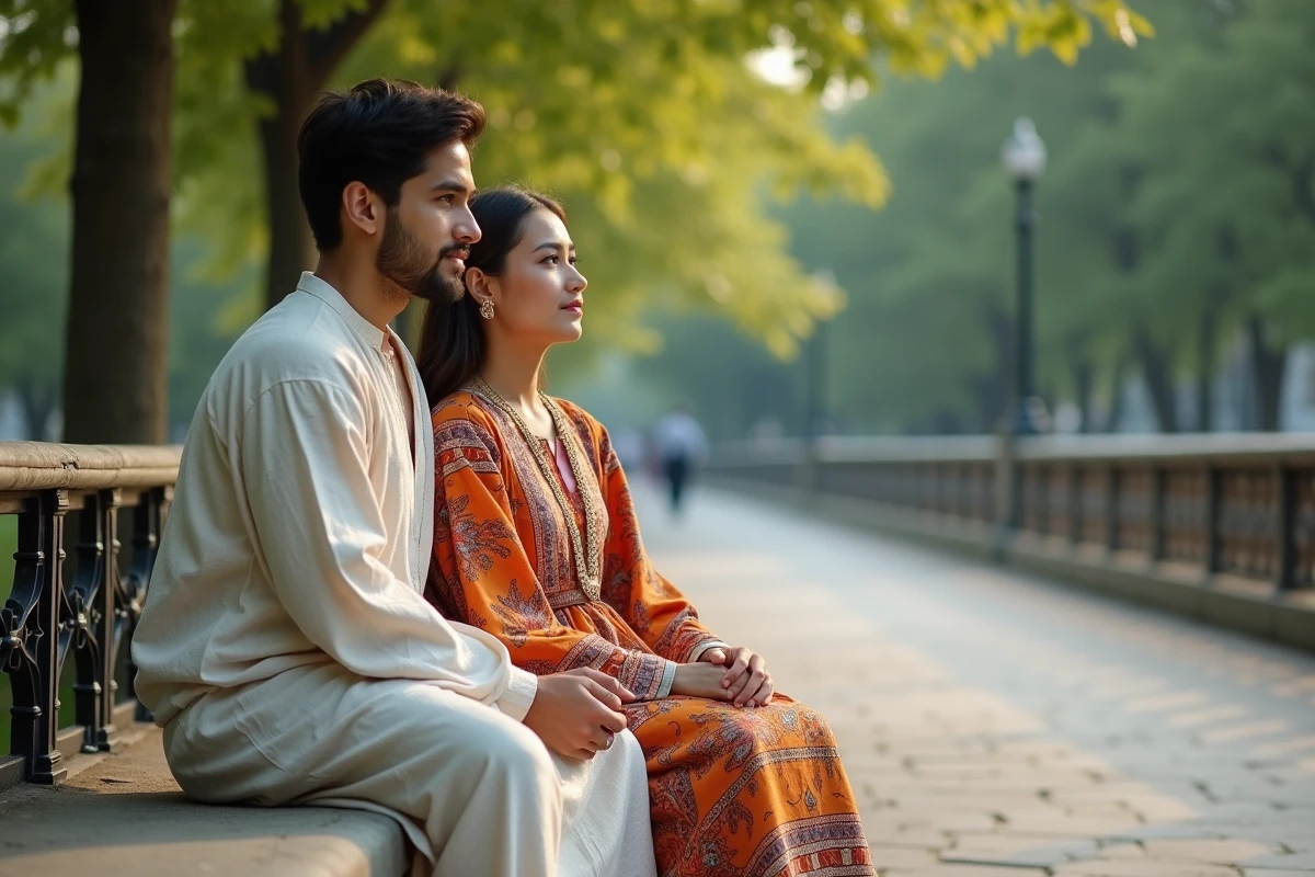 Frère et sœur en vêtements traditionnels assis dans un parc