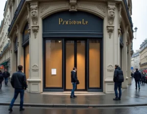 Façade d'une Galerie Lafayette fermée avec une affiche de fermeture définitive sur la vitrine