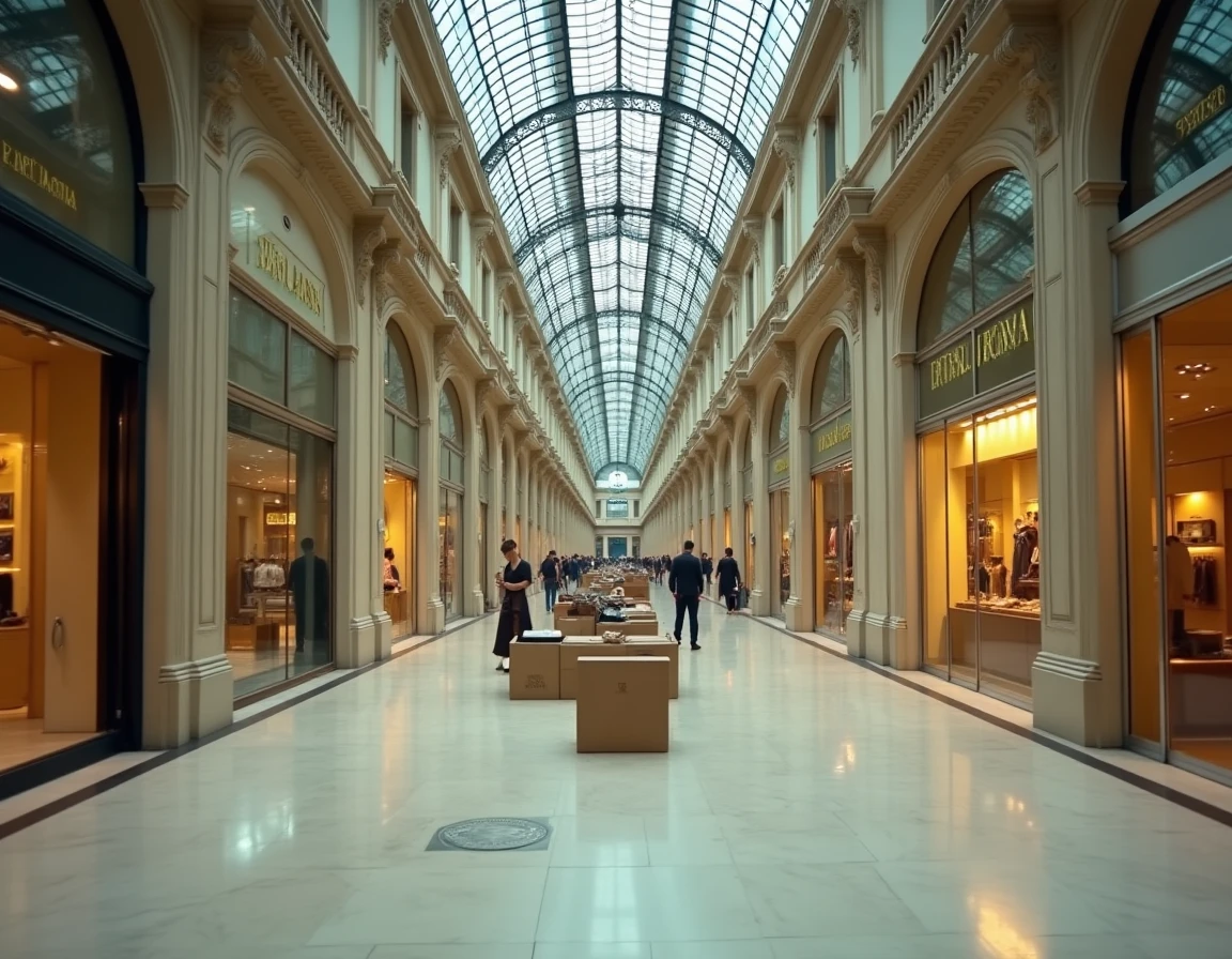 Intérieur vide d'une Galerie Lafayette en cours de fermeture avec les rayons désertés