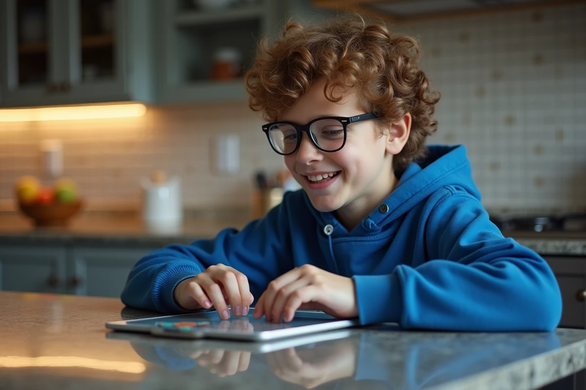 Garçon joue à Scrabble sur une tablette dans la cuisine