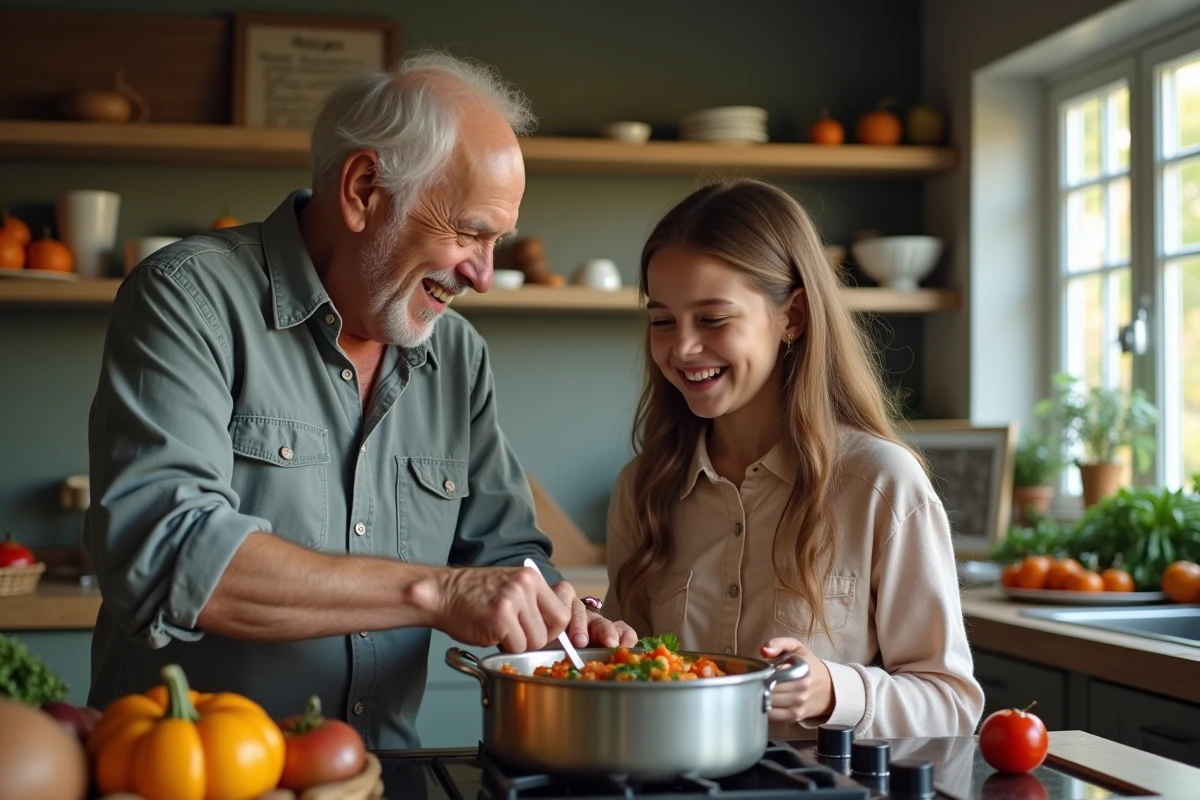 Grand-père et petite-fille préparant un ragoût de légumes ensemble