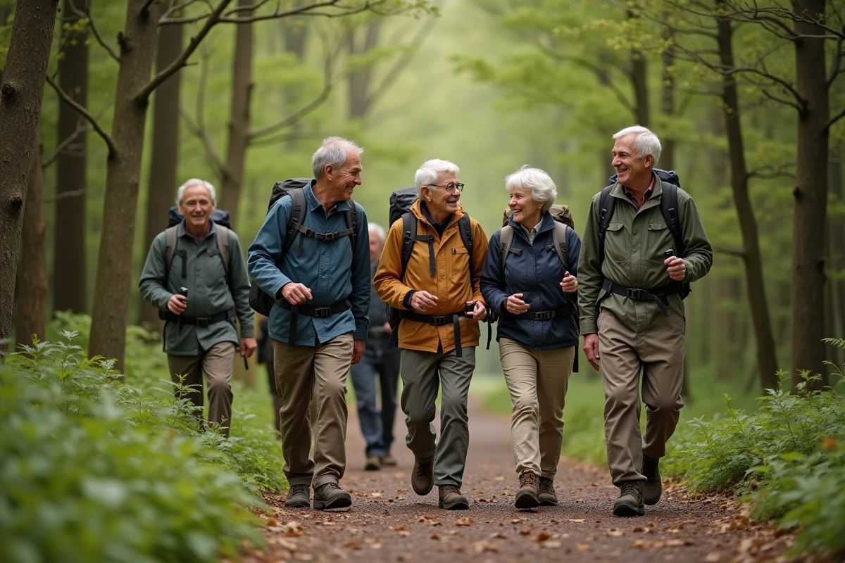 Groupe de seniors en randonnée dans la forêt verdoyante