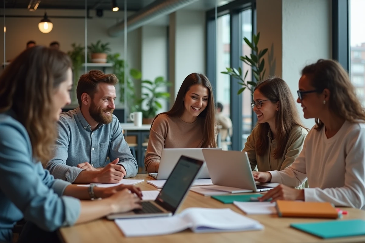 Groupe de jeunes adultes en discussion dans un espace de coworking moderne