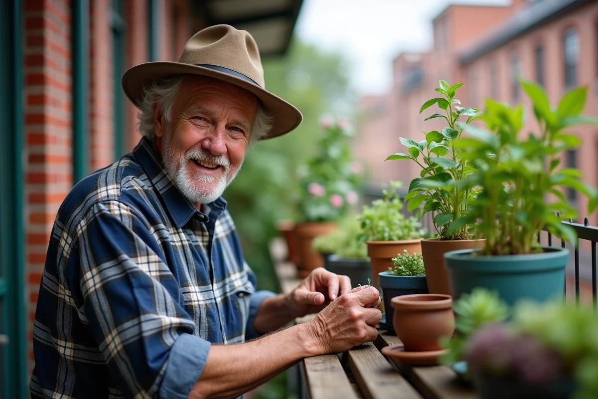 Homme âgé arrangeant des marqueurs de plantes en céramique sur un balcon