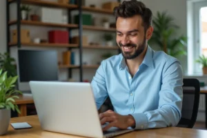 Homme en tenue décontractée travaillant sur un ordinateur portable dans un bureau lumineux