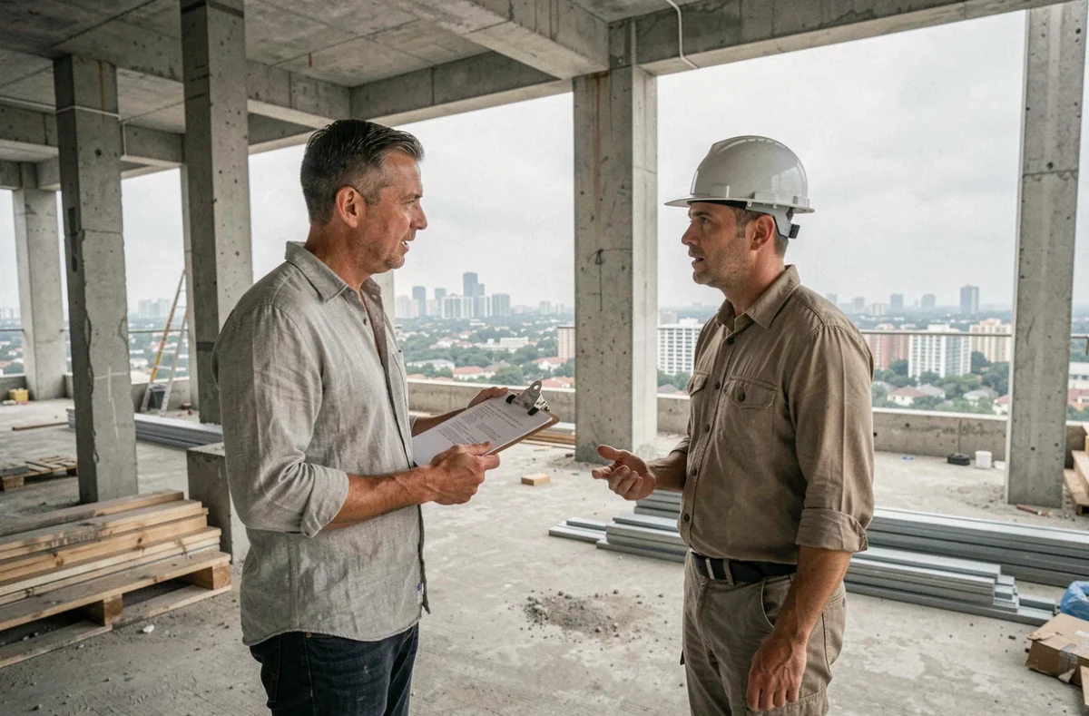 Homme supervisant un chantier immobilier avec un entrepreneur, consultant des ressources de gestion de projet