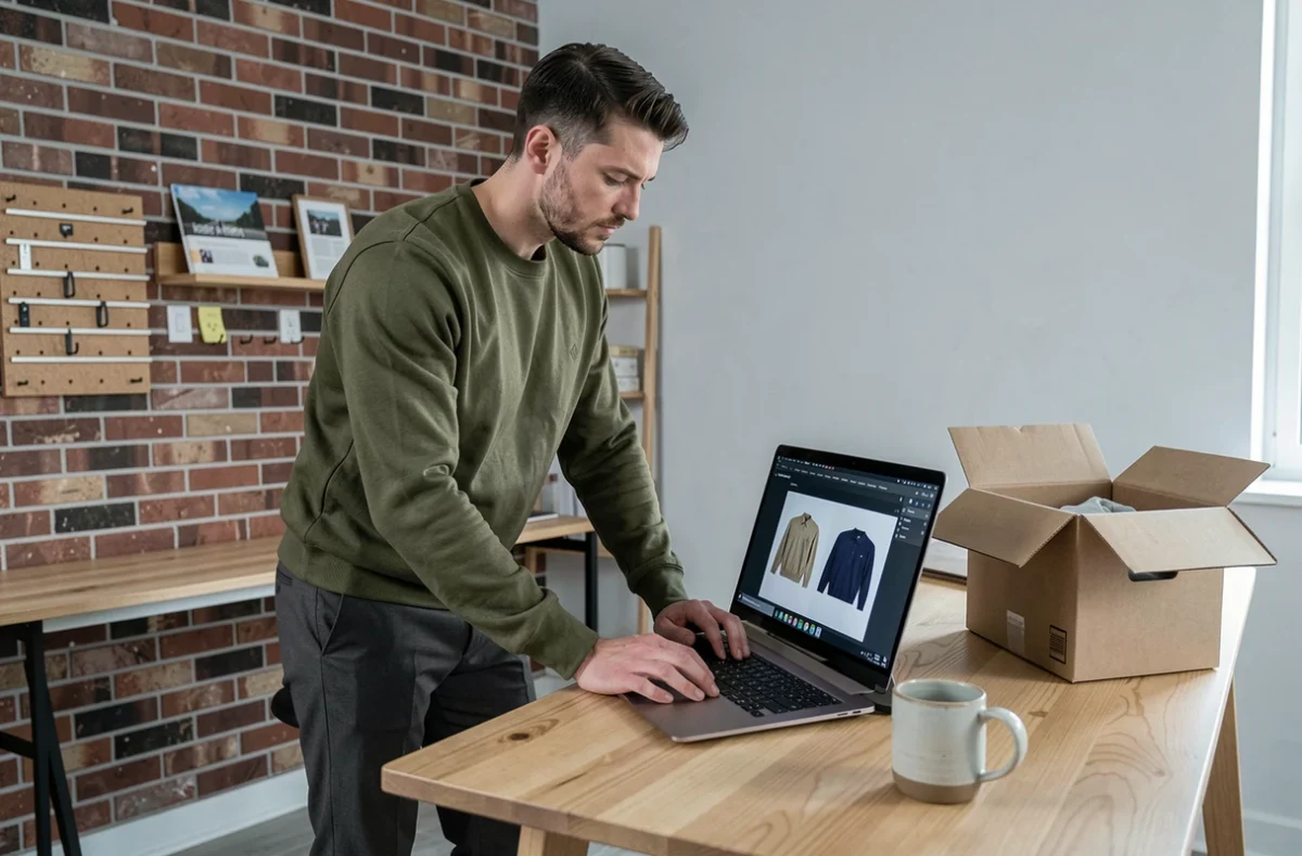 Homme comparant des vêtements sur un laptop depuis son bureau à domicile avec un colis de livraison ouvert