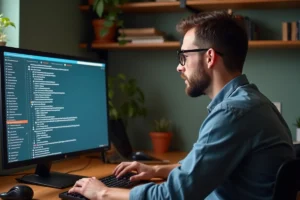 Homme concentré sur un ordinateur avec interface eMule