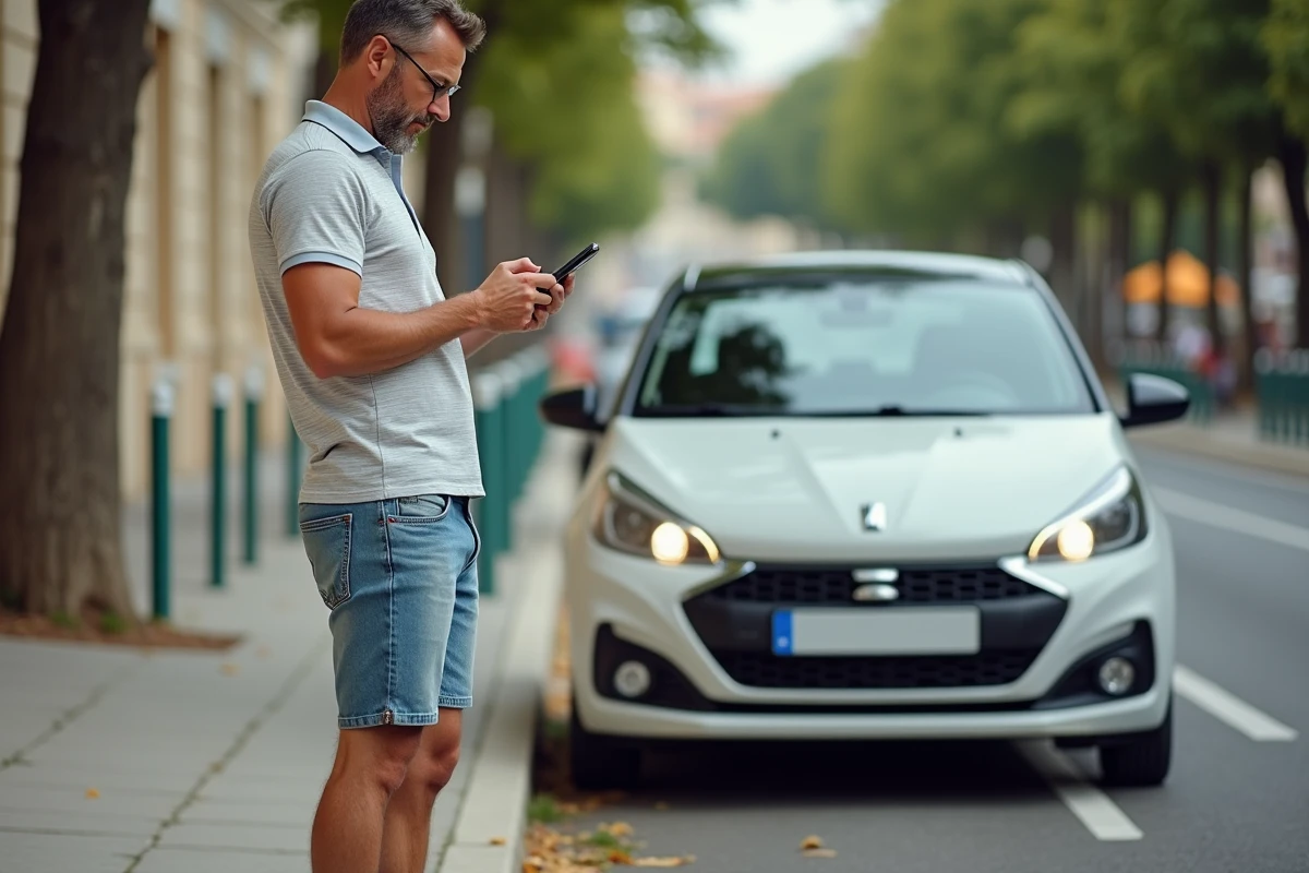 Homme d'âge moyen vérifiant un plan de stationnement à Arcachon