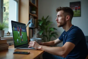 Jeune homme regardant un match de football sur son ordinateur