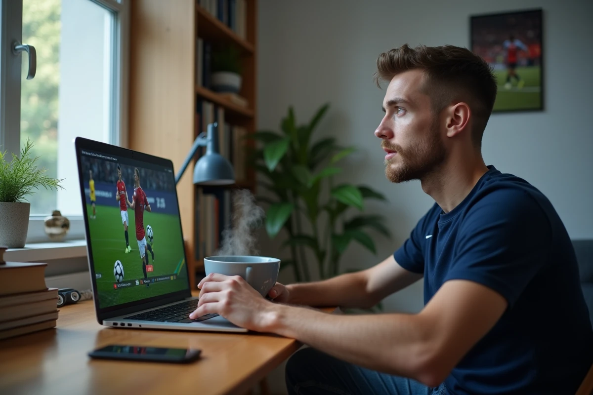 Jeune homme regardant un match de football sur son ordinateur