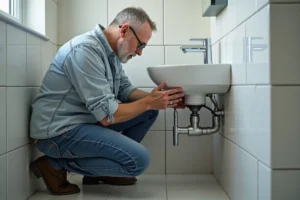 Homme d'âge moyen répare siphon sous lavabo salle de bain