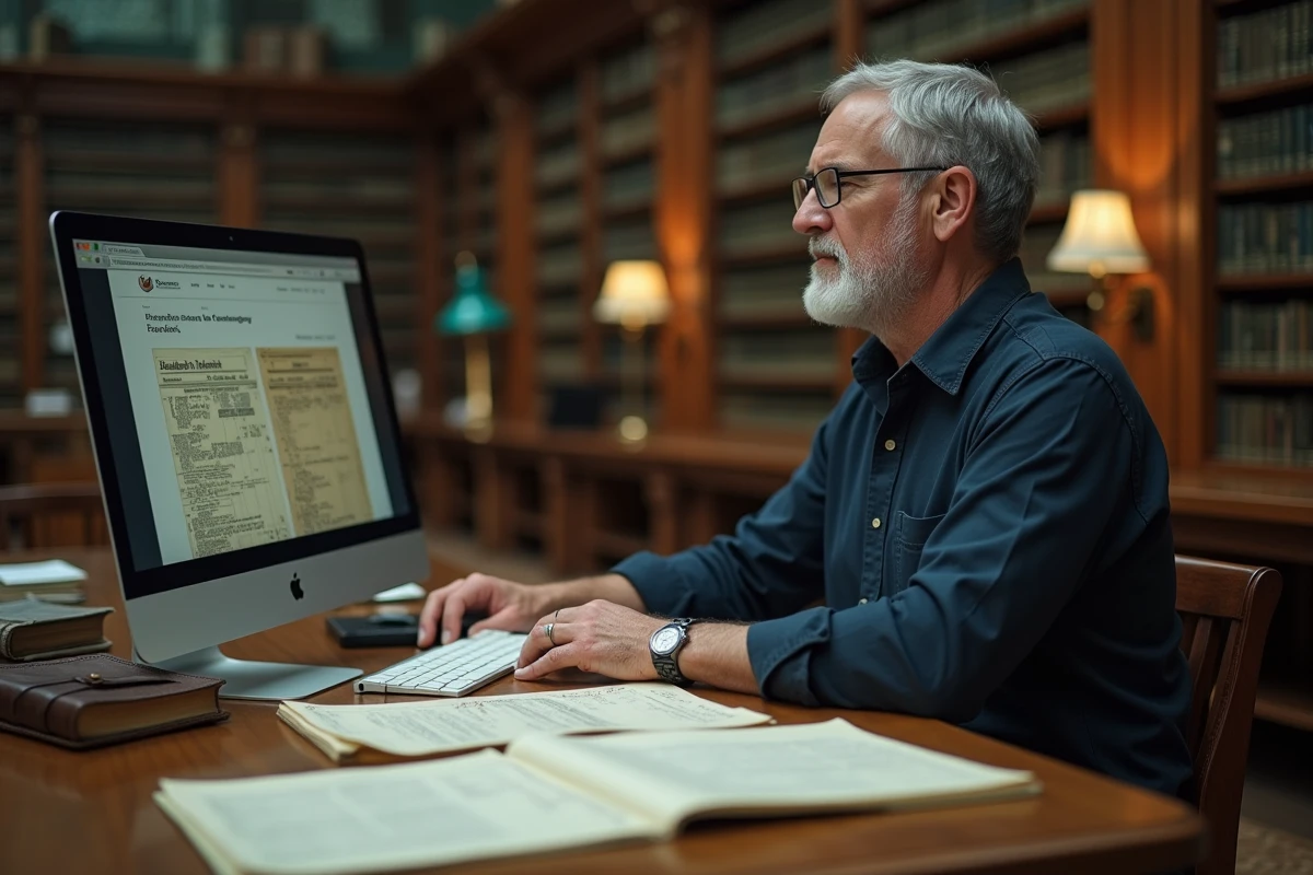 Homme âgé comparant Filae et Geneanet sur un ordinateur dans une bibliothèque entourée de documents généalogiques