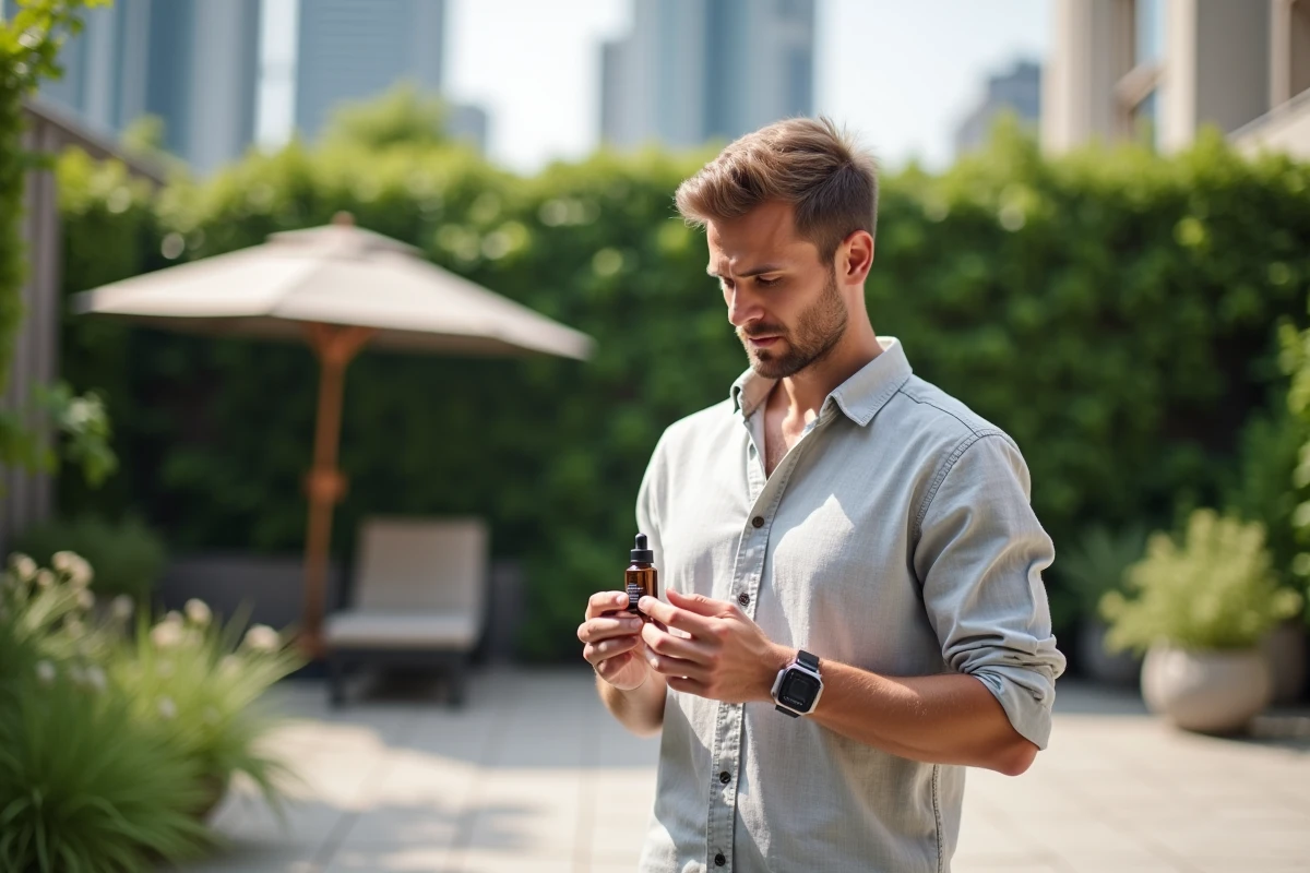Homme examine un serum cosmétique en extérieur dans un jardin