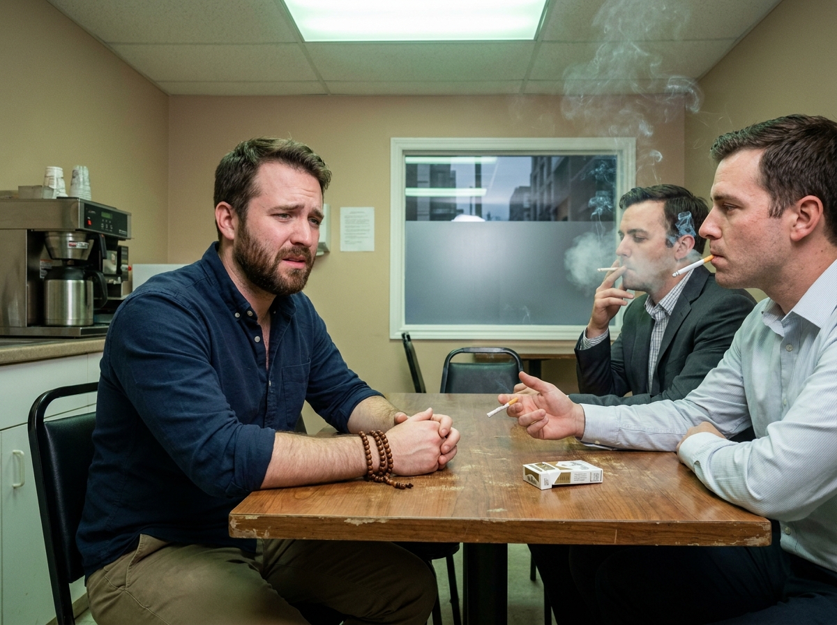 Homme portant des perles de prière refusant une cigarette proposée par des collègues dans une salle de pause de bureau, tension entre convictions spirituelles et pression du groupe