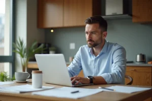 Homme d'affaires en cuisine examine des documents