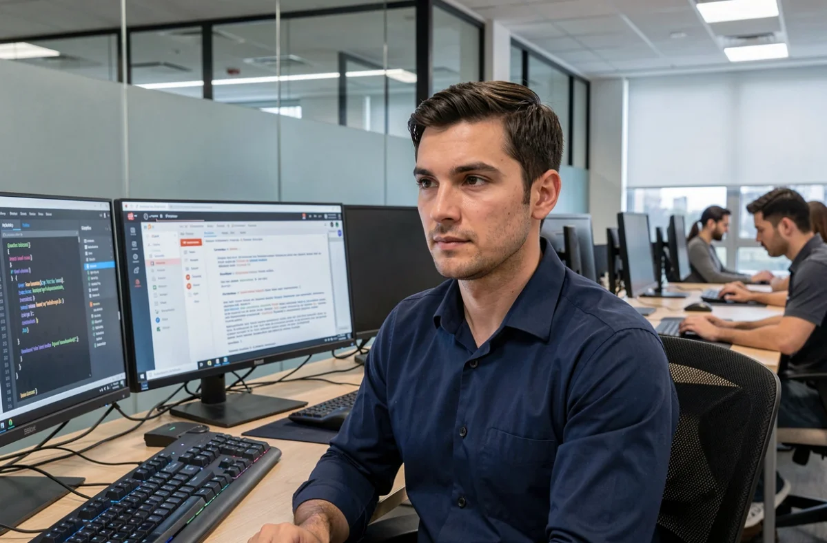 Homme consultant des tutoriels de programmation sur plusieurs écrans dans un espace de coworking moderne