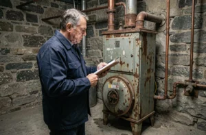Inspecteur immobilier examinant une vieille chaudière en fonte rouillée dans une cave avant achat