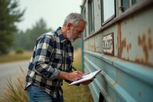 Homme moyenâgeux inspectant une plaque de série sur un mobile home