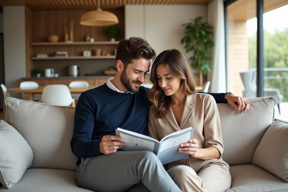 Jeune couple lisant un magazine de design dans un salon lumineux