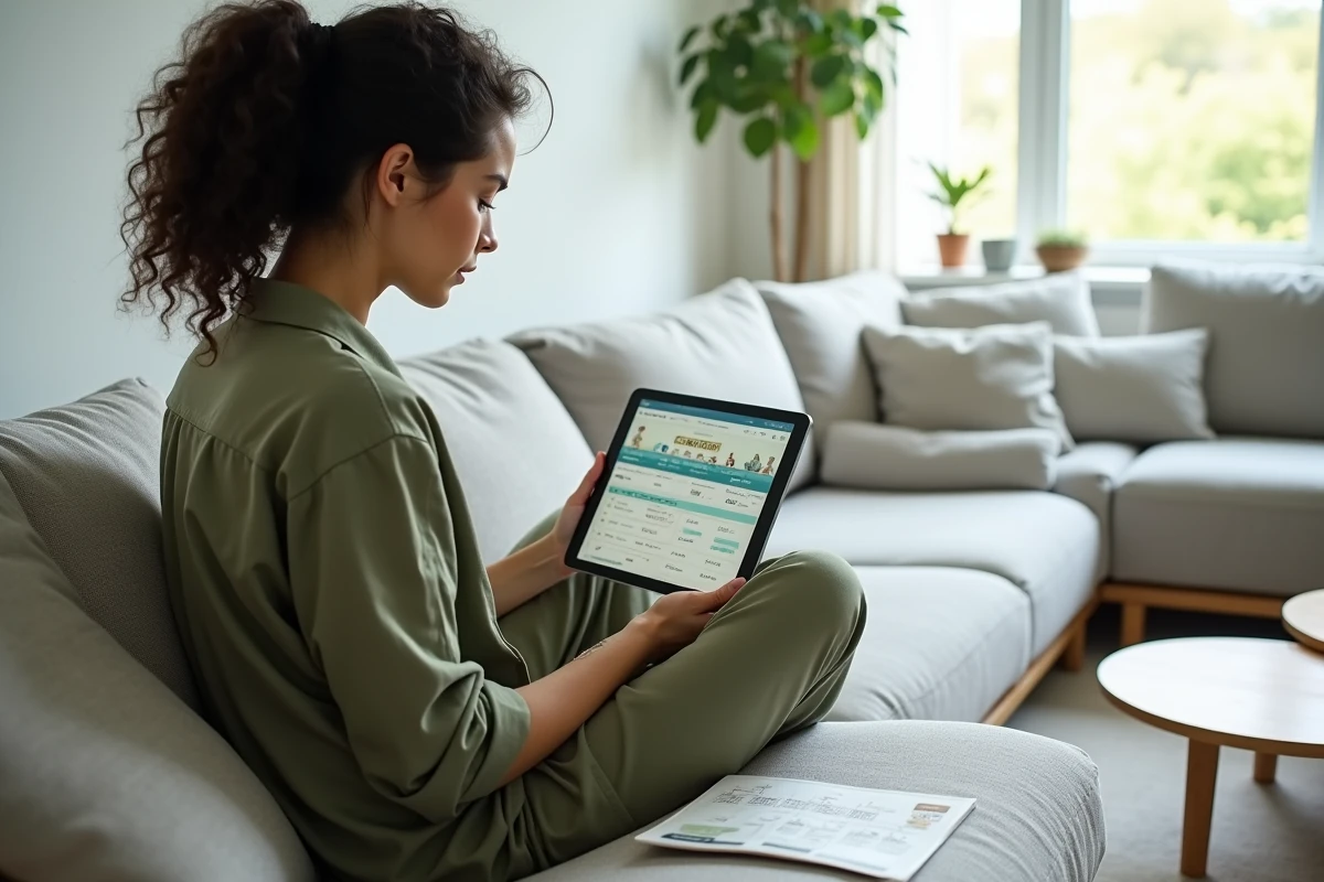 Jeune femme comparant les abonnements Filae et Geneanet sur une tablette depuis son canapé avec un arbre généalogique imprimé