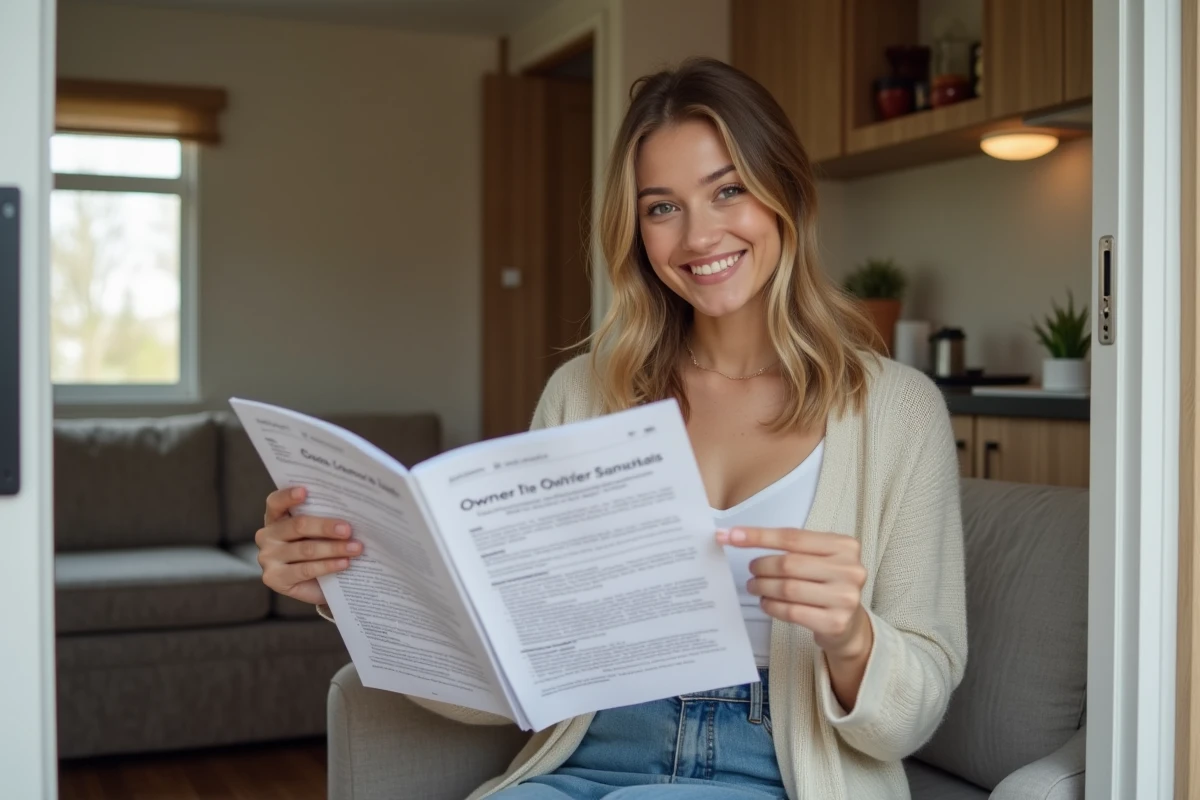 Jeune femme lisant un manuel dans un mobile home moderne