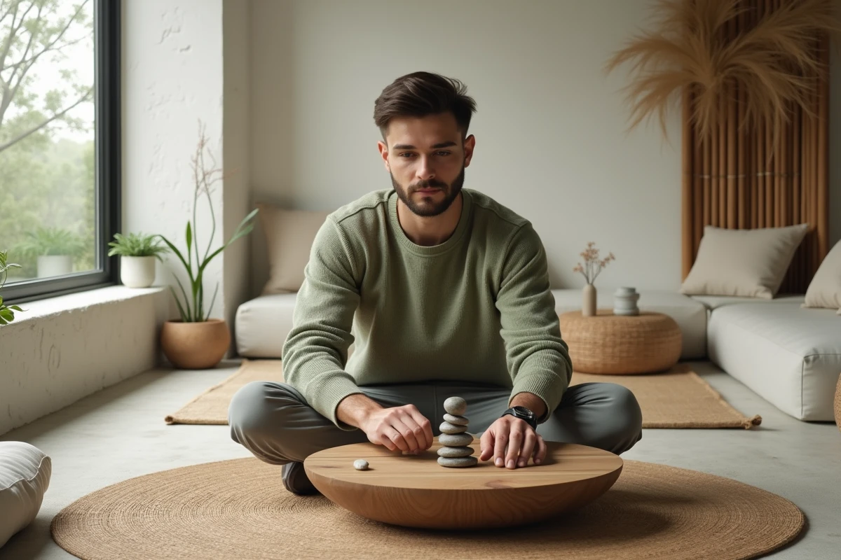 Jeune homme arrangeant des pierres sur une table en bois