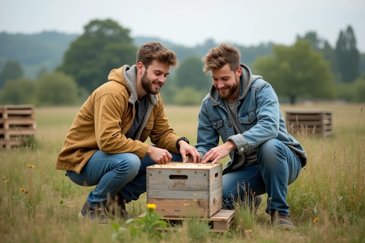 Deux jeunes hommes installant une ruche dans un pré