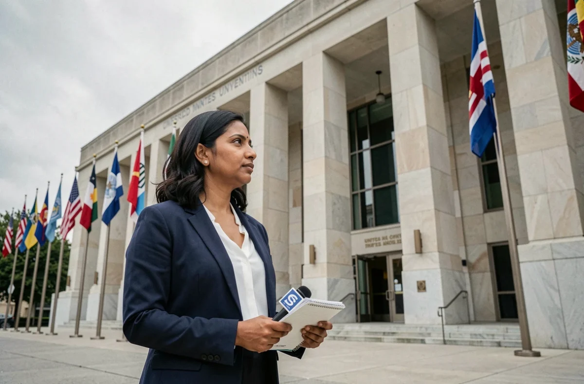 Journaliste devant le siège des Nations Unies évoquant les tensions géopolitiques mondiales