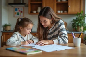 Maman aidant sa fille avec ses devoirs à la maison