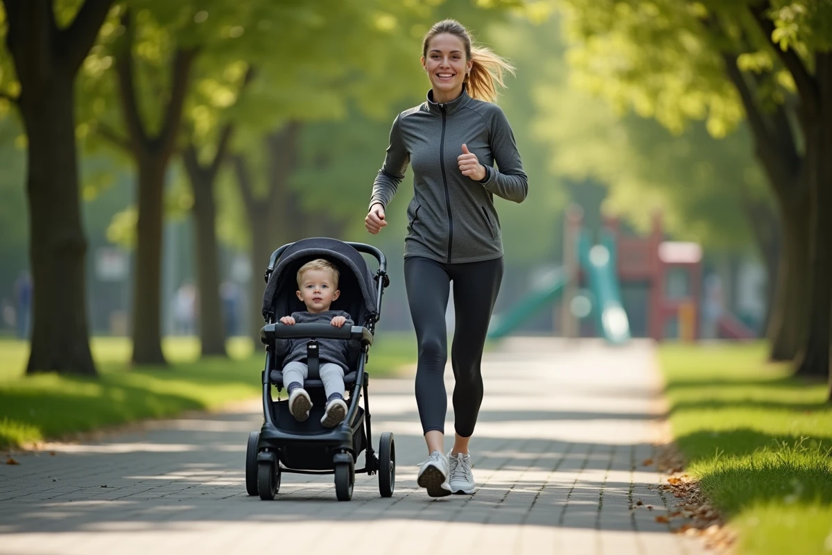 Maman courant avec son enfant en poussette dans le parc