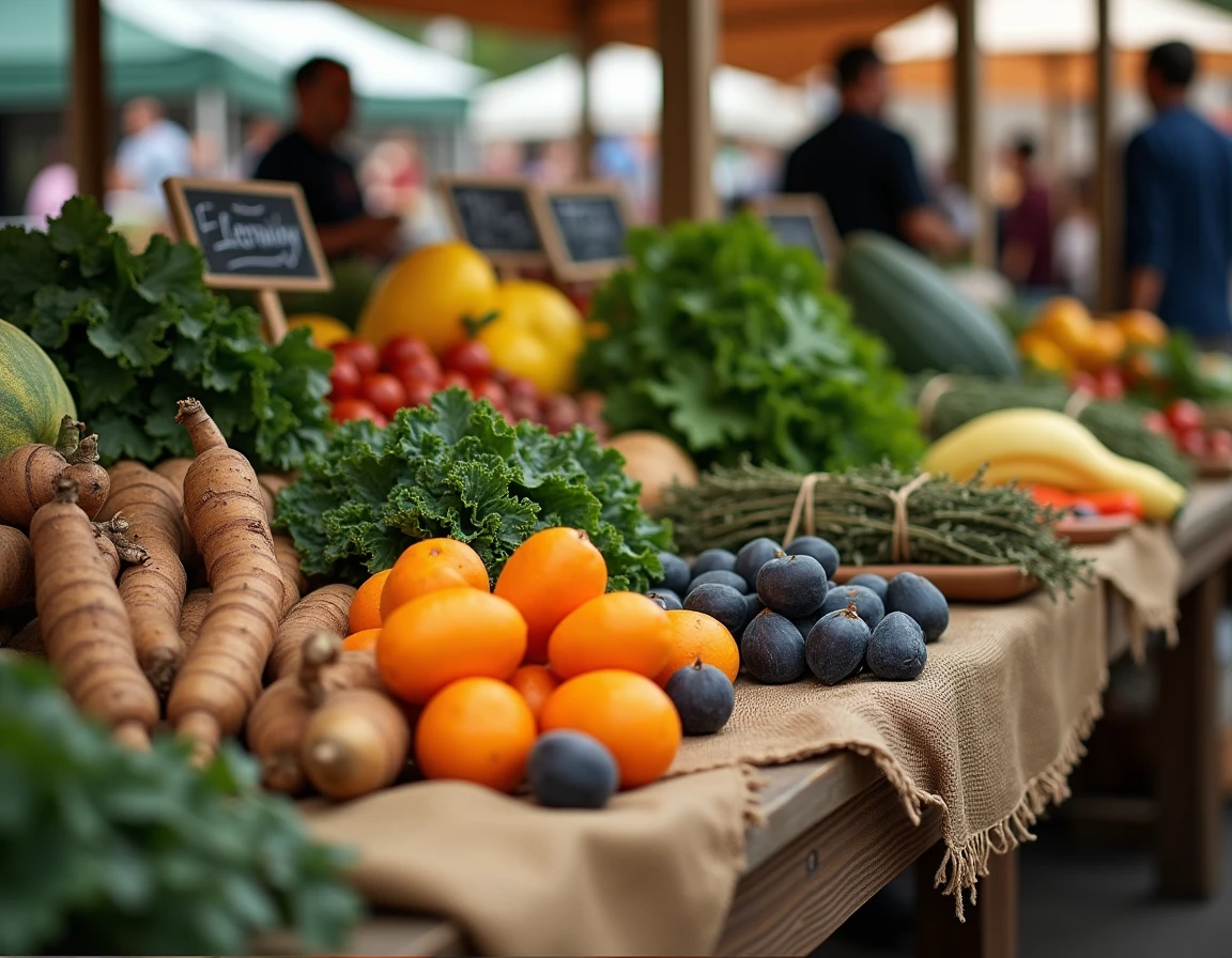 Étalage de marché fermier avec des légumes et fruits de saison variés disposés sur une toile de jute dans un marché en plein air