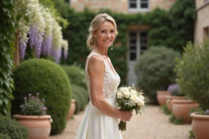 Mariée élégante en robe ivoire dans un jardin de campagne française lors d'un mariage romantique