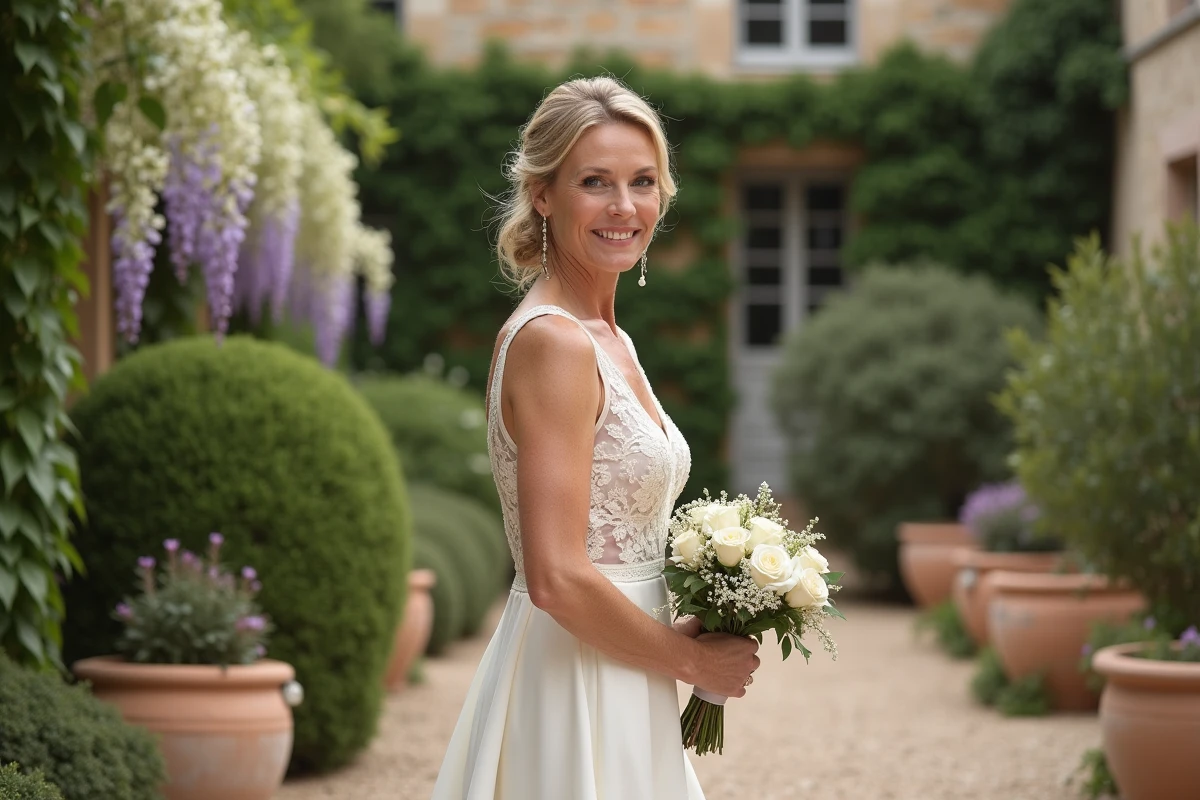 Mariée élégante en robe ivoire dans un jardin de campagne française lors d'un mariage romantique