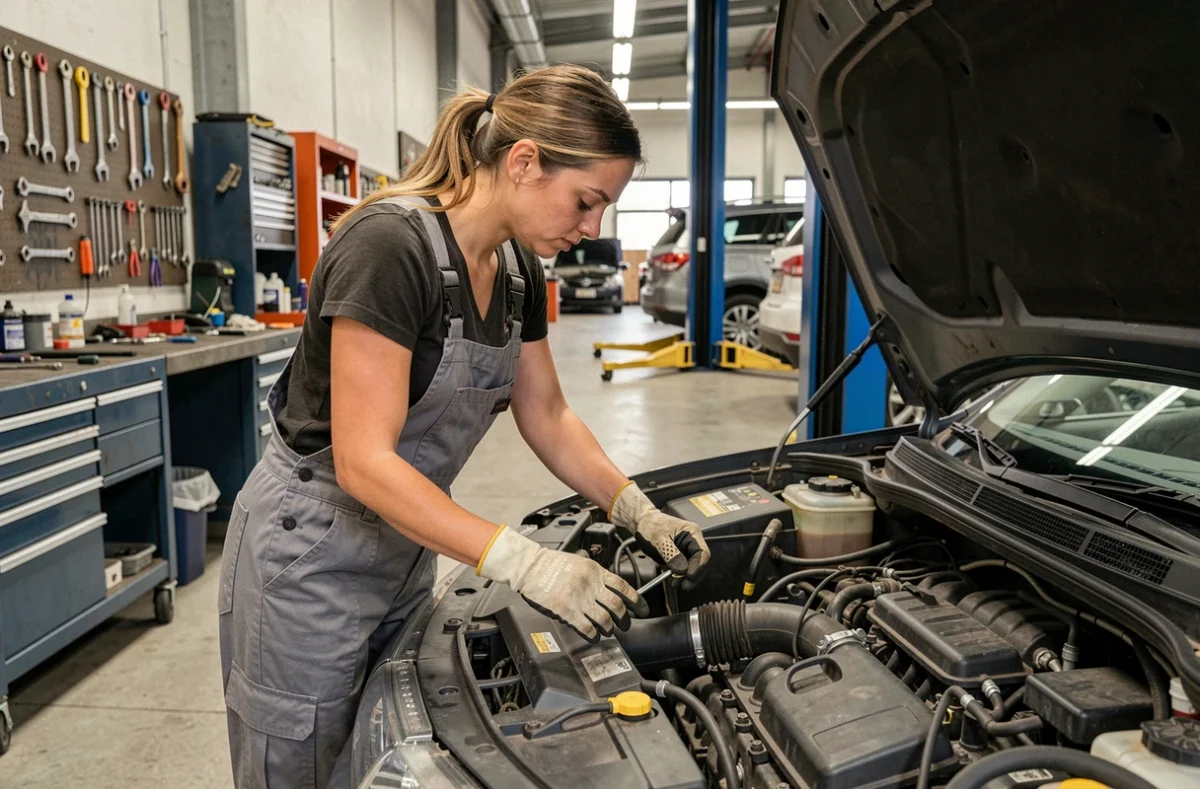 Mécanicienne inspectant le moteur d'une voiture dans un atelier automobile professionnel d'Armoric Auto