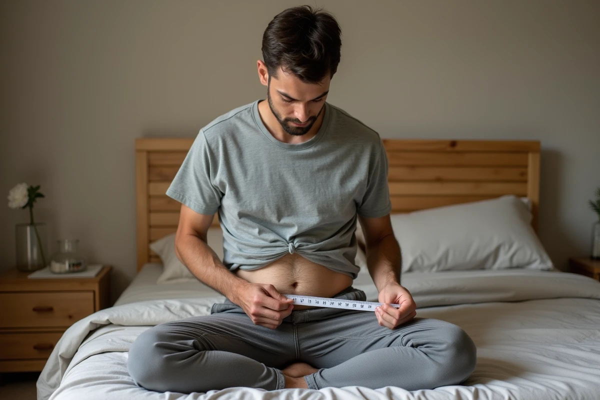 Homme mesurant son tour de taille avec une bande de papier dans sa chambre