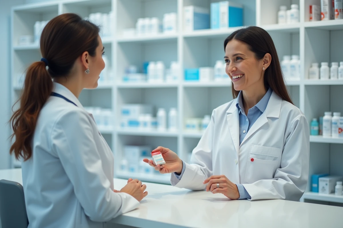 Pharmacienne remettant une boîte de médicaments à une femme enceinte au comptoir d'une pharmacie moderne