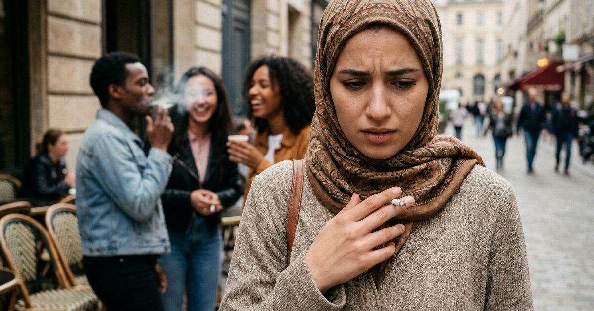 Jeune femme voilée tenant une cigarette non allumée entourée d'amis qui fument à la terrasse d'un café, illustrant la pression sociale face aux valeurs spirituelles
