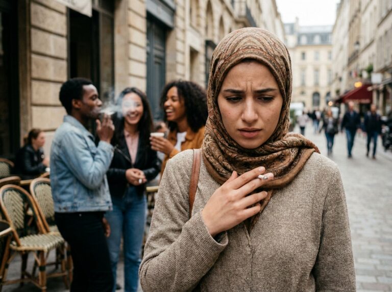 Jeune femme voilée tenant une cigarette non allumée entourée d'amis qui fument à la terrasse d'un café, illustrant la pression sociale face aux valeurs spirituelles