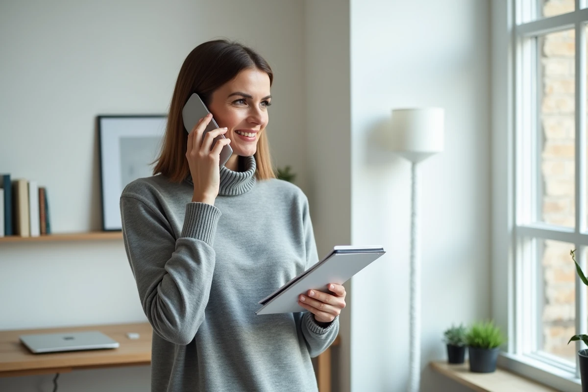 Femme prenant des notes dans un bureau à domicile minimaliste pendant un appel téléphonique, illustrant la prise de contact professionnelle