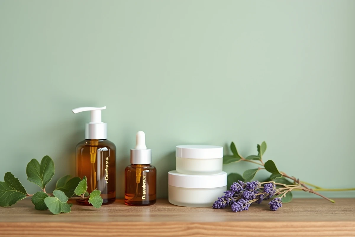 Gamme de produits de soin naturels en flacons ambrés et pots blancs sur une étagère en bois rustique, univers Caudalie et Nuxe