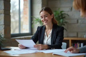 Jeune psychologue femme souriante dans un bureau belge moderne