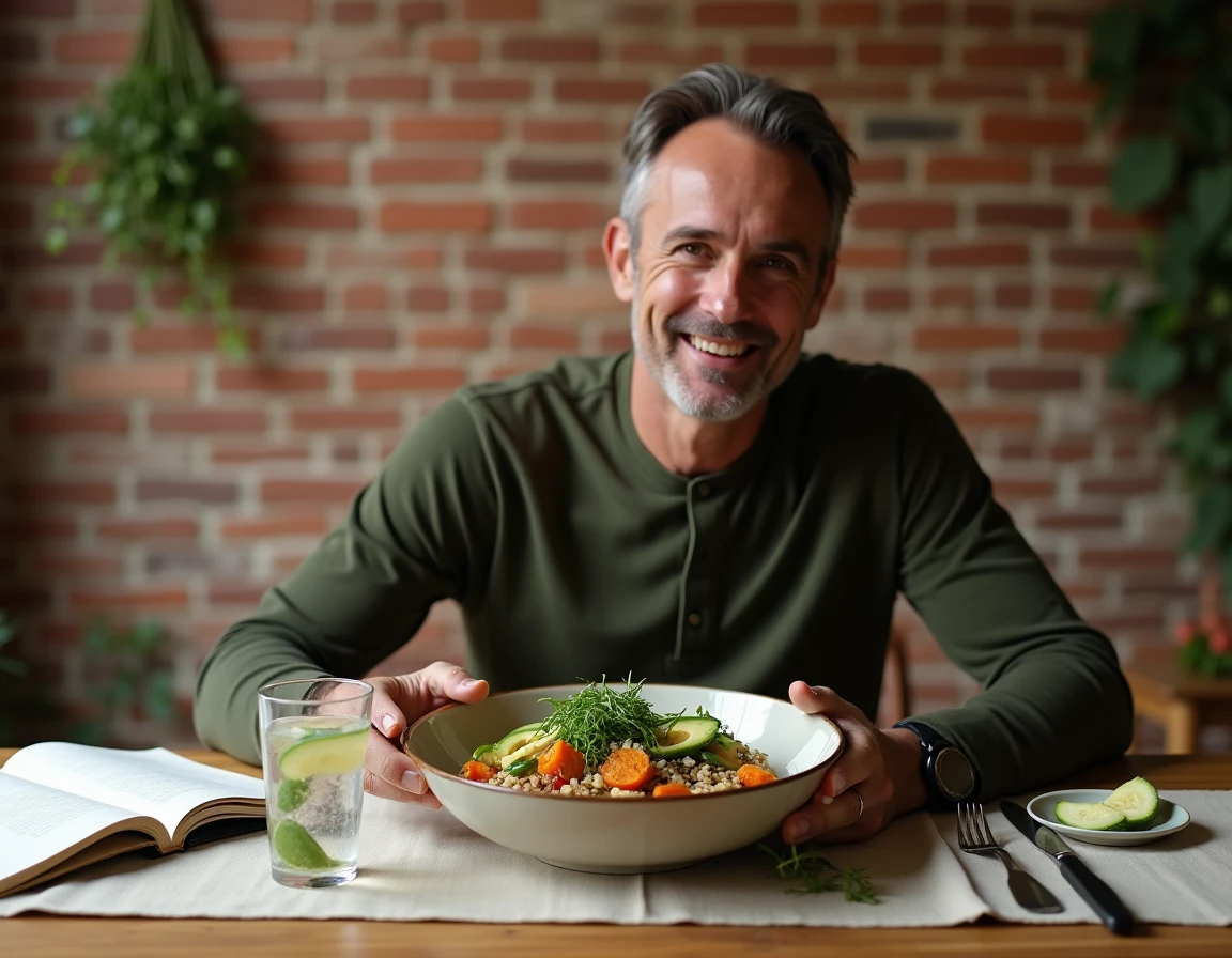 Homme dégustant un bol végétalien équilibré composé de légumes rôtis, quinoa et avocat dans une salle à manger naturelle et chaleureuse